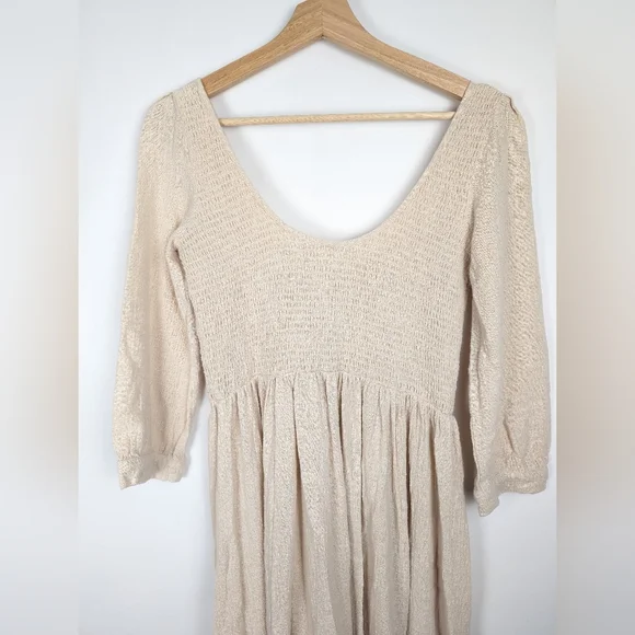 Cream Button Cotton Dress 3/4 Length Smocked Boho Earthy Size Medium - Picture 5 of 8